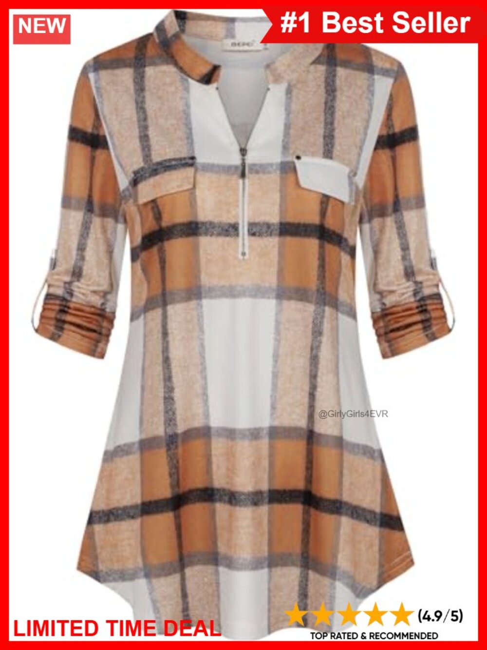 Womens Plaid Zip Up V Neck 3/4 Sleeve Business Casual Blouse Top